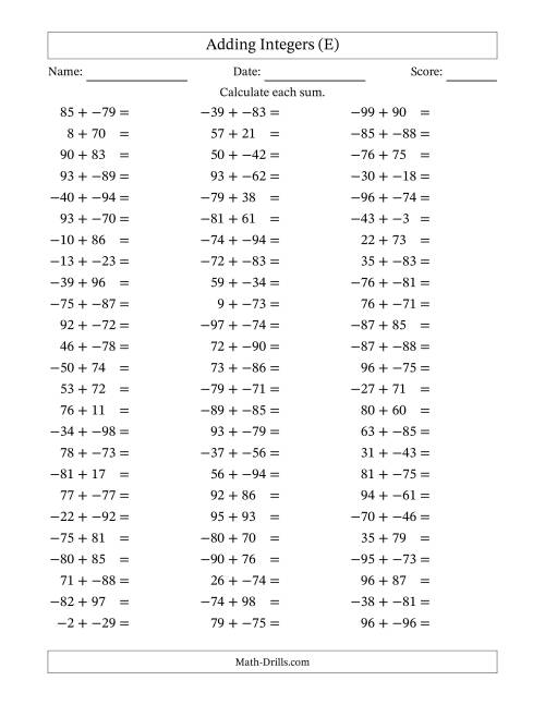 The Adding Mixed Integers from -99 to 99 (75 Questions; No Parentheses) (E) Math Worksheet