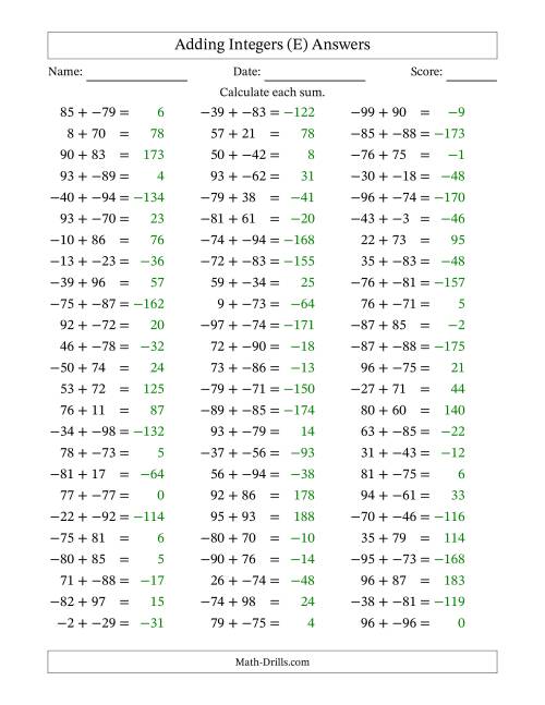 The Adding Mixed Integers from -99 to 99 (75 Questions; No Parentheses) (E) Math Worksheet Page 2