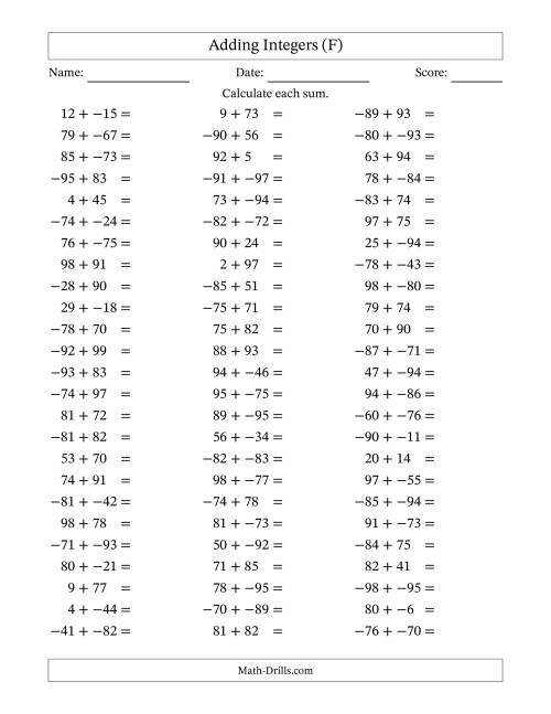The Adding Mixed Integers from -99 to 99 (75 Questions; No Parentheses) (F) Math Worksheet