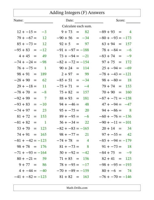 The Adding Mixed Integers from -99 to 99 (75 Questions; No Parentheses) (F) Math Worksheet Page 2