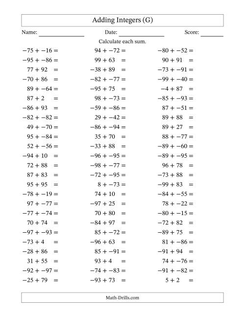 The Adding Mixed Integers from -99 to 99 (75 Questions; No Parentheses) (G) Math Worksheet