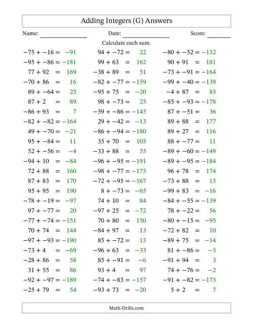 The Adding Mixed Integers from -99 to 99 (75 Questions; No Parentheses) (G) Math Worksheet Page 2