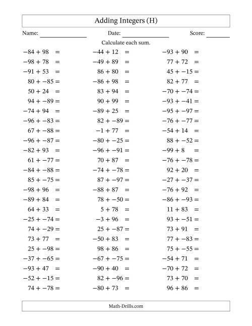 The Adding Mixed Integers from -99 to 99 (75 Questions; No Parentheses) (H) Math Worksheet