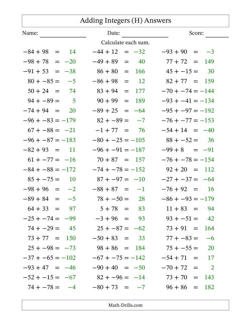 The Adding Mixed Integers from -99 to 99 (75 Questions; No Parentheses) (H) Math Worksheet Page 2