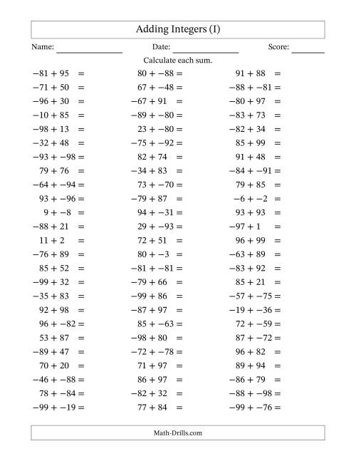The Adding Mixed Integers from -99 to 99 (75 Questions; No Parentheses) (I) Math Worksheet