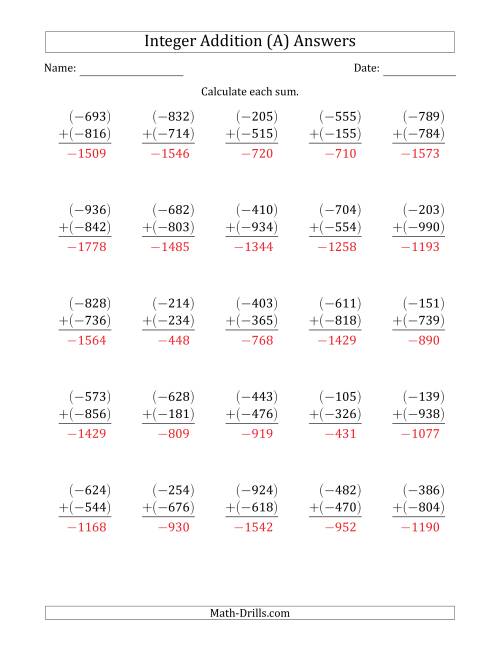 The Three-Digit Negative Plus a Negative Integer Addition (Vertically Arranged) (A) Math Worksheet Page 2