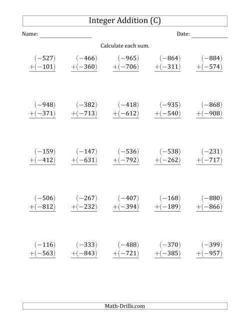 The Three-Digit Negative Plus a Negative Integer Addition (Vertically Arranged) (C) Math Worksheet