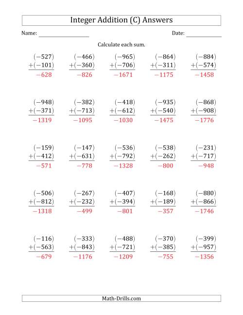 The Three-Digit Negative Plus a Negative Integer Addition (Vertically Arranged) (C) Math Worksheet Page 2
