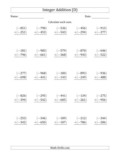 The Three-Digit Negative Plus a Negative Integer Addition (Vertically Arranged) (D) Math Worksheet