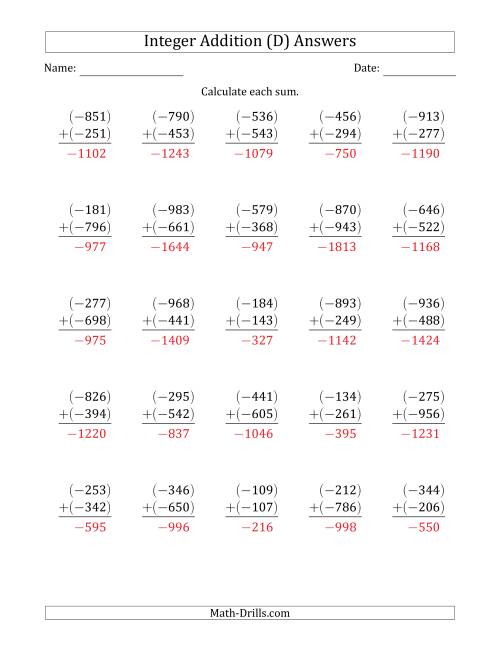 The Three-Digit Negative Plus a Negative Integer Addition (Vertically Arranged) (D) Math Worksheet Page 2