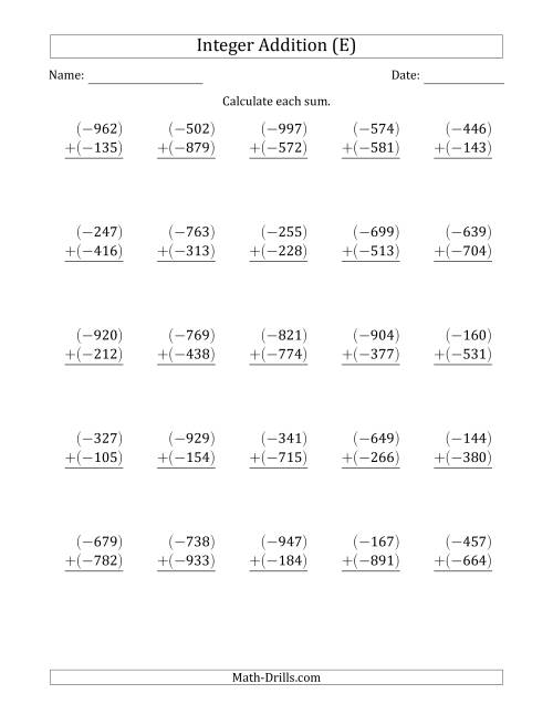 The Three-Digit Negative Plus a Negative Integer Addition (Vertically Arranged) (E) Math Worksheet