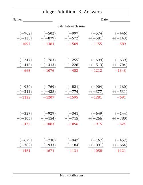 The Three-Digit Negative Plus a Negative Integer Addition (Vertically Arranged) (E) Math Worksheet Page 2