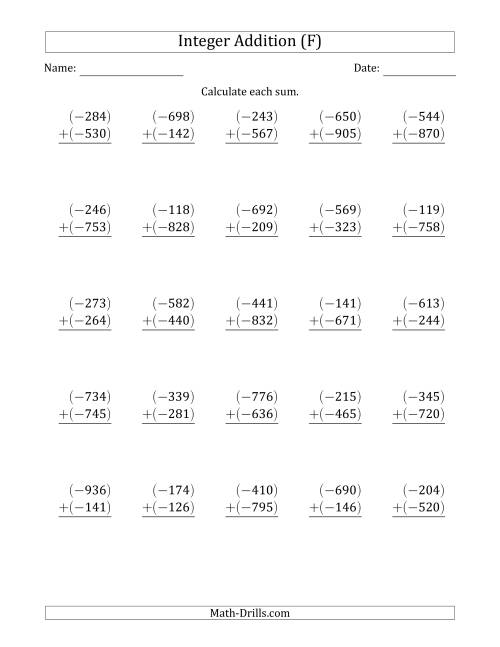 The Three-Digit Negative Plus a Negative Integer Addition (Vertically Arranged) (F) Math Worksheet