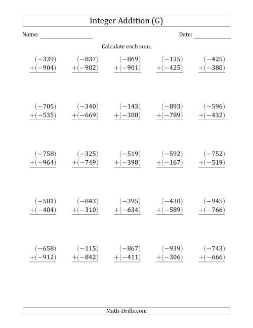 The Three-Digit Negative Plus a Negative Integer Addition (Vertically Arranged) (G) Math Worksheet