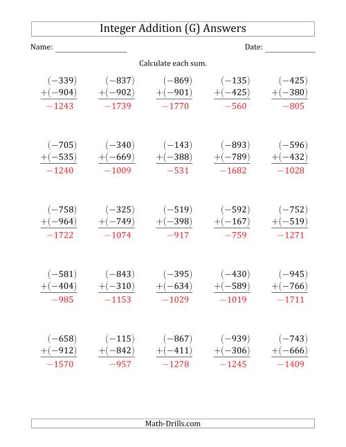 The Three-Digit Negative Plus a Negative Integer Addition (Vertically Arranged) (G) Math Worksheet Page 2