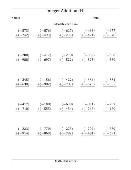 The Three-Digit Negative Plus a Negative Integer Addition (Vertically Arranged) (H) Math Worksheet
