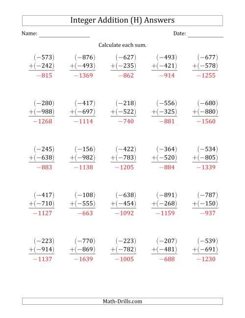 The Three-Digit Negative Plus a Negative Integer Addition (Vertically Arranged) (H) Math Worksheet Page 2