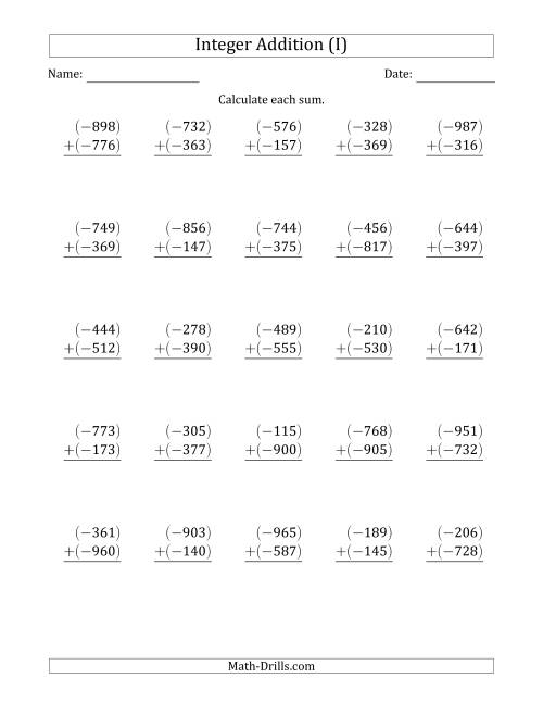 The Three-Digit Negative Plus a Negative Integer Addition (Vertically Arranged) (I) Math Worksheet