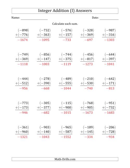The Three-Digit Negative Plus a Negative Integer Addition (Vertically Arranged) (I) Math Worksheet Page 2