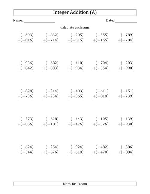 The Three-Digit Negative Plus a Negative Integer Addition (Vertically Arranged) (All) Math Worksheet