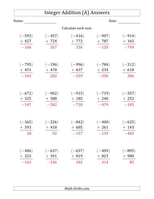 The Three-Digit Negative Plus a Positive Integer Addition (Vertically Arranged) (A) Math Worksheet Page 2