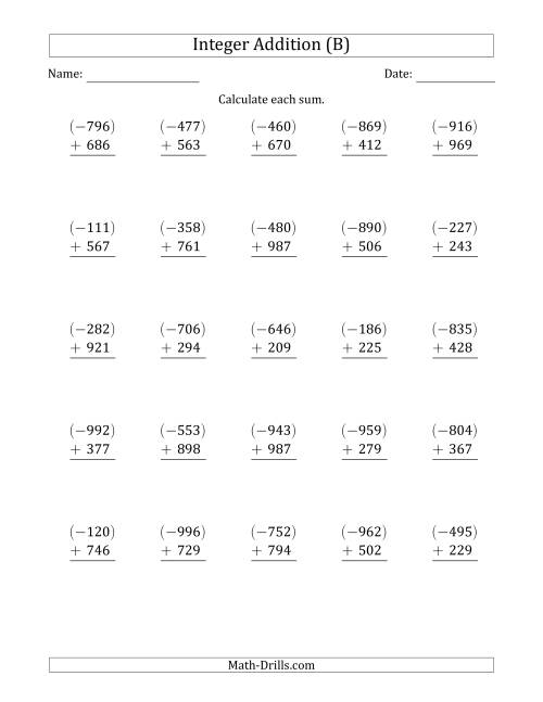 The Three-Digit Negative Plus a Positive Integer Addition (Vertically Arranged) (B) Math Worksheet