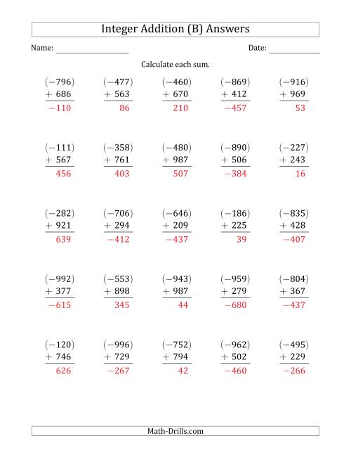 The Three-Digit Negative Plus a Positive Integer Addition (Vertically Arranged) (B) Math Worksheet Page 2