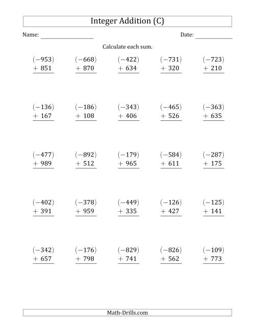 The Three-Digit Negative Plus a Positive Integer Addition (Vertically Arranged) (C) Math Worksheet