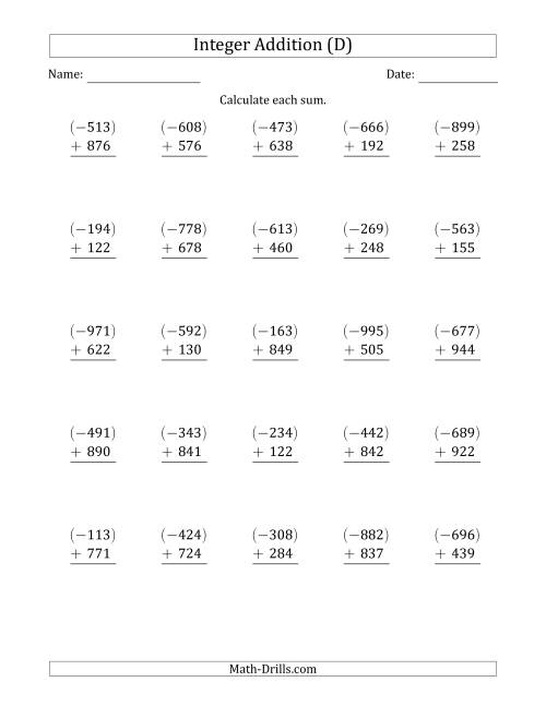 The Three-Digit Negative Plus a Positive Integer Addition (Vertically Arranged) (D) Math Worksheet