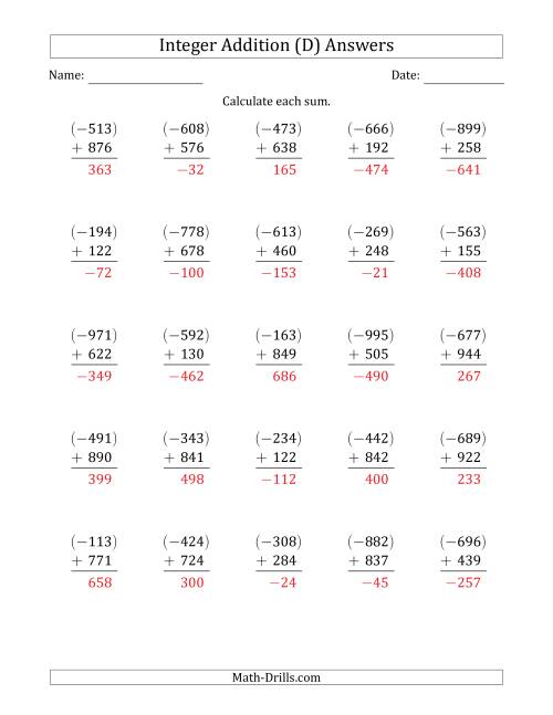 The Three-Digit Negative Plus a Positive Integer Addition (Vertically Arranged) (D) Math Worksheet Page 2