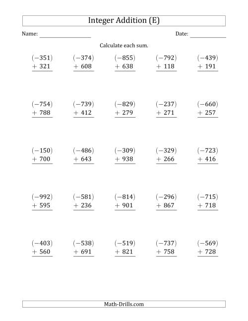 The Three-Digit Negative Plus a Positive Integer Addition (Vertically Arranged) (E) Math Worksheet