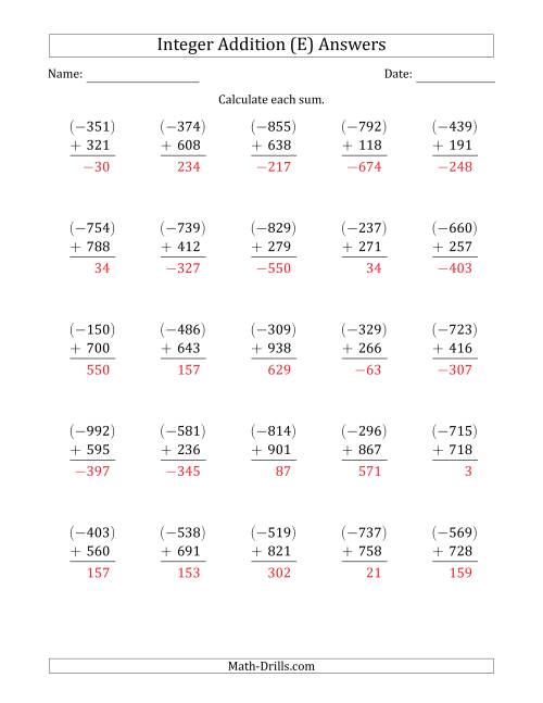 The Three-Digit Negative Plus a Positive Integer Addition (Vertically Arranged) (E) Math Worksheet Page 2