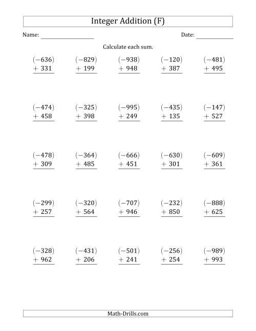 The Three-Digit Negative Plus a Positive Integer Addition (Vertically Arranged) (F) Math Worksheet