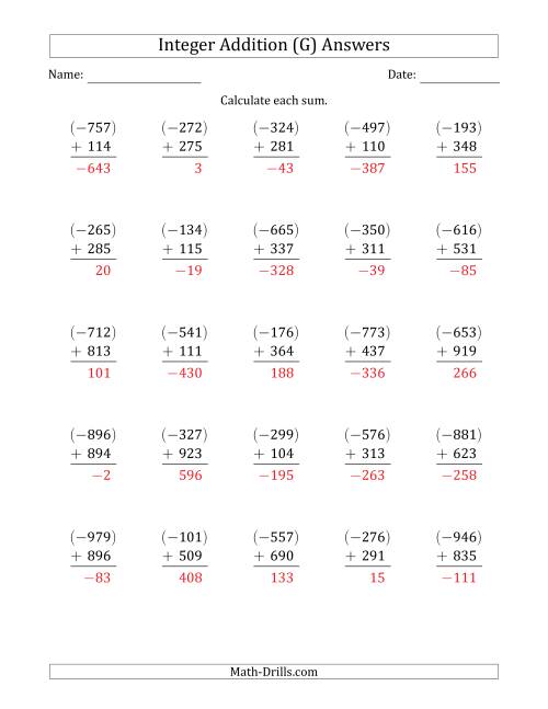 The Three-Digit Negative Plus a Positive Integer Addition (Vertically Arranged) (G) Math Worksheet Page 2