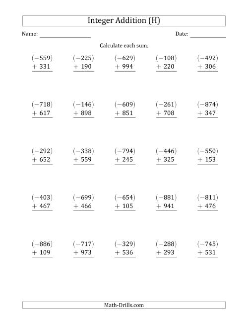 The Three-Digit Negative Plus a Positive Integer Addition (Vertically Arranged) (H) Math Worksheet