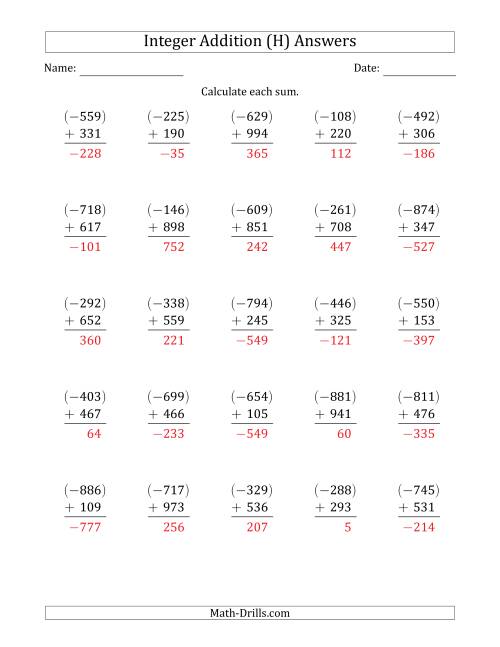The Three-Digit Negative Plus a Positive Integer Addition (Vertically Arranged) (H) Math Worksheet Page 2