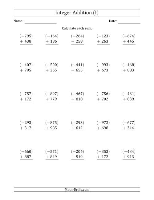 The Three-Digit Negative Plus a Positive Integer Addition (Vertically Arranged) (I) Math Worksheet