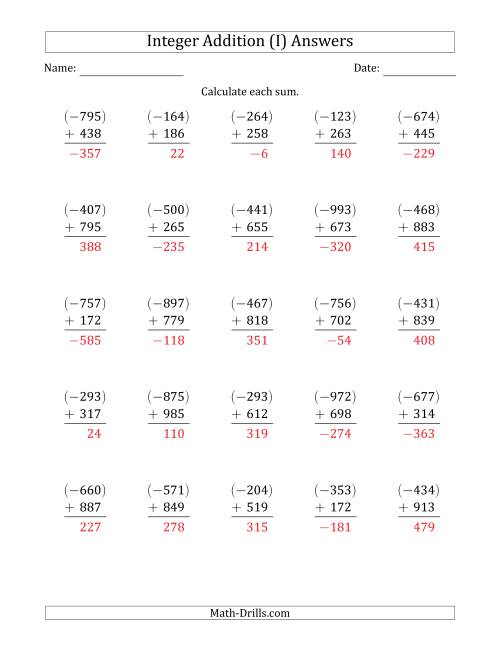 The Three-Digit Negative Plus a Positive Integer Addition (Vertically Arranged) (I) Math Worksheet Page 2