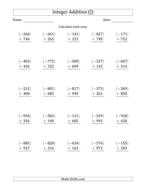 The Three-Digit Negative Plus a Positive Integer Addition (Vertically Arranged) (J) Math Worksheet