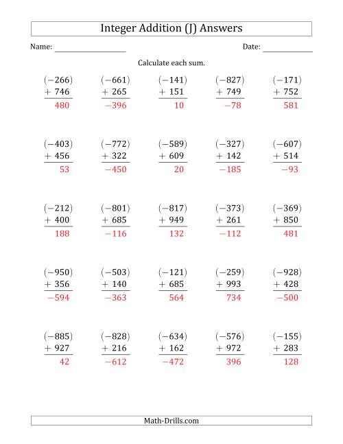The Three-Digit Negative Plus a Positive Integer Addition (Vertically Arranged) (J) Math Worksheet Page 2