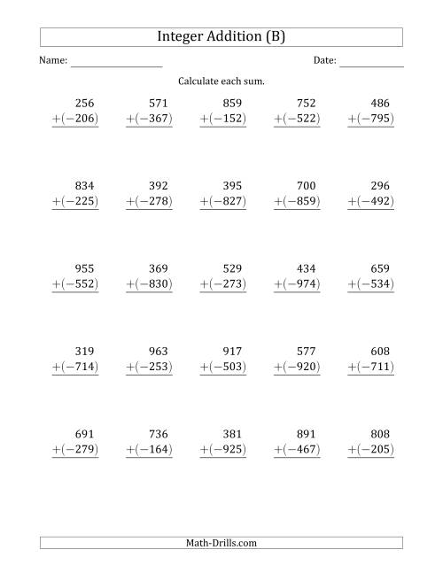 The Three-Digit Positive Plus a Negative Integer Addition (Vertically Arranged) (B) Math Worksheet