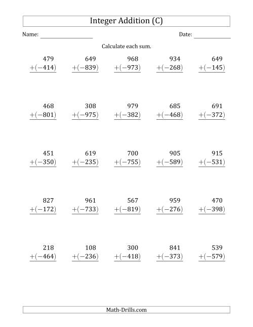 The Three-Digit Positive Plus a Negative Integer Addition (Vertically Arranged) (C) Math Worksheet