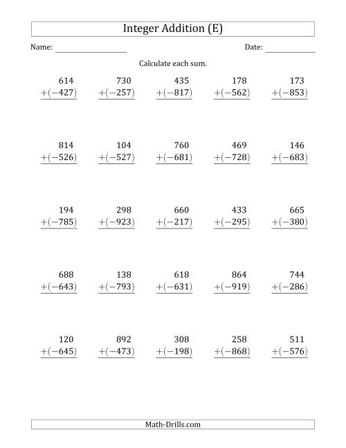 The Three-Digit Positive Plus a Negative Integer Addition (Vertically Arranged) (E) Math Worksheet