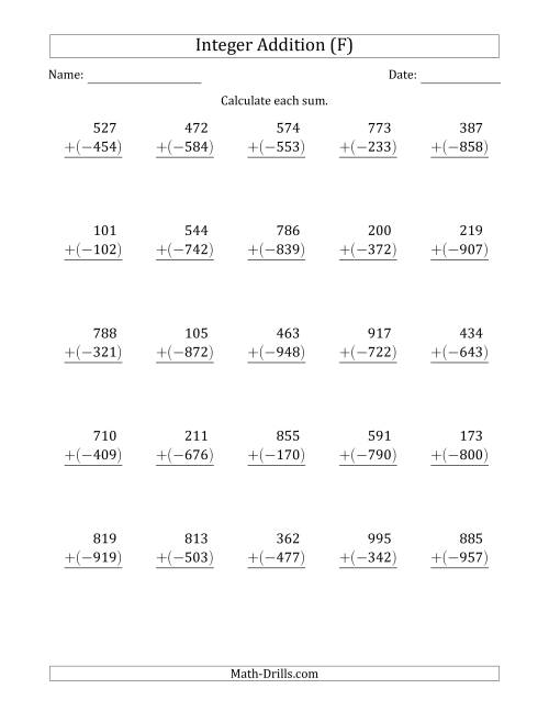 The Three-Digit Positive Plus a Negative Integer Addition (Vertically Arranged) (F) Math Worksheet