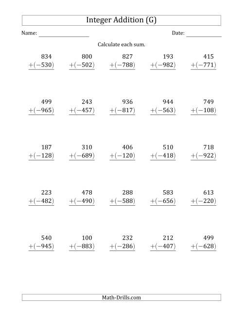 The Three-Digit Positive Plus a Negative Integer Addition (Vertically Arranged) (G) Math Worksheet