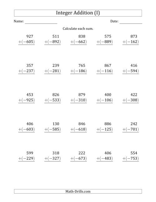 The Three-Digit Positive Plus a Negative Integer Addition (Vertically Arranged) (I) Math Worksheet