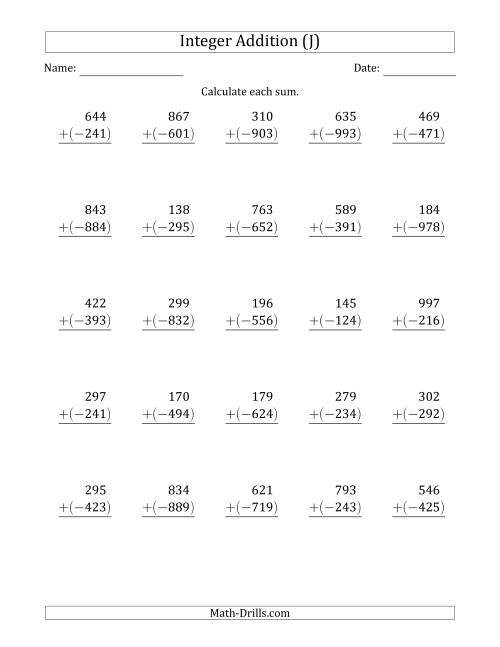 The Three-Digit Positive Plus a Negative Integer Addition (Vertically Arranged) (J) Math Worksheet