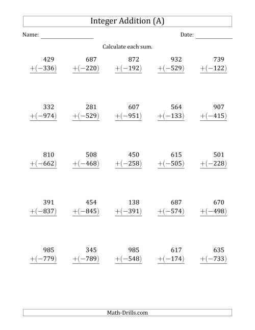 The Three-Digit Positive Plus a Negative Integer Addition (Vertically Arranged) (All) Math Worksheet