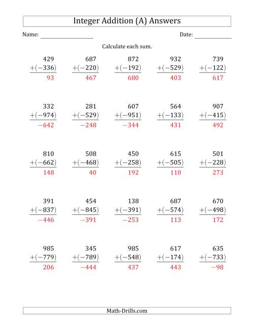 The Three-Digit Positive Plus a Negative Integer Addition (Vertically Arranged) (All) Math Worksheet Page 2