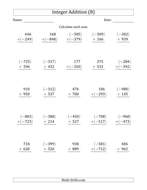 The Three-Digit Integer Addition (Vertically Arranged) (B) Math Worksheet
